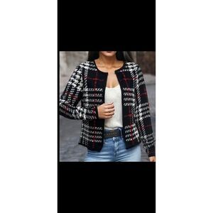 Plaid pattern contrast, trim, open front cardigan jacket